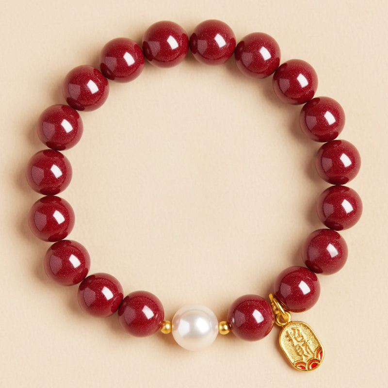 Cinnabar Bracelet with Pearl, Gold Fortune Beads & Blessing Charm - Good Luck and Prosperity Jewelry