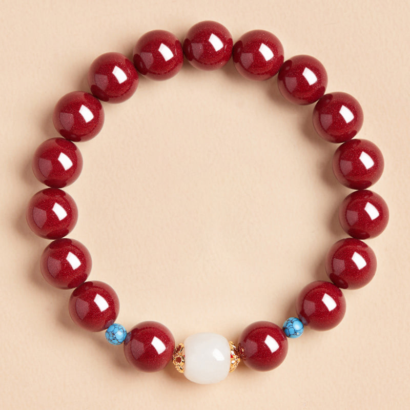 Cinnabar Bracelet with White Jade, Gold Flower Accents & Turquoise - Good Luck and Peace Jewelry