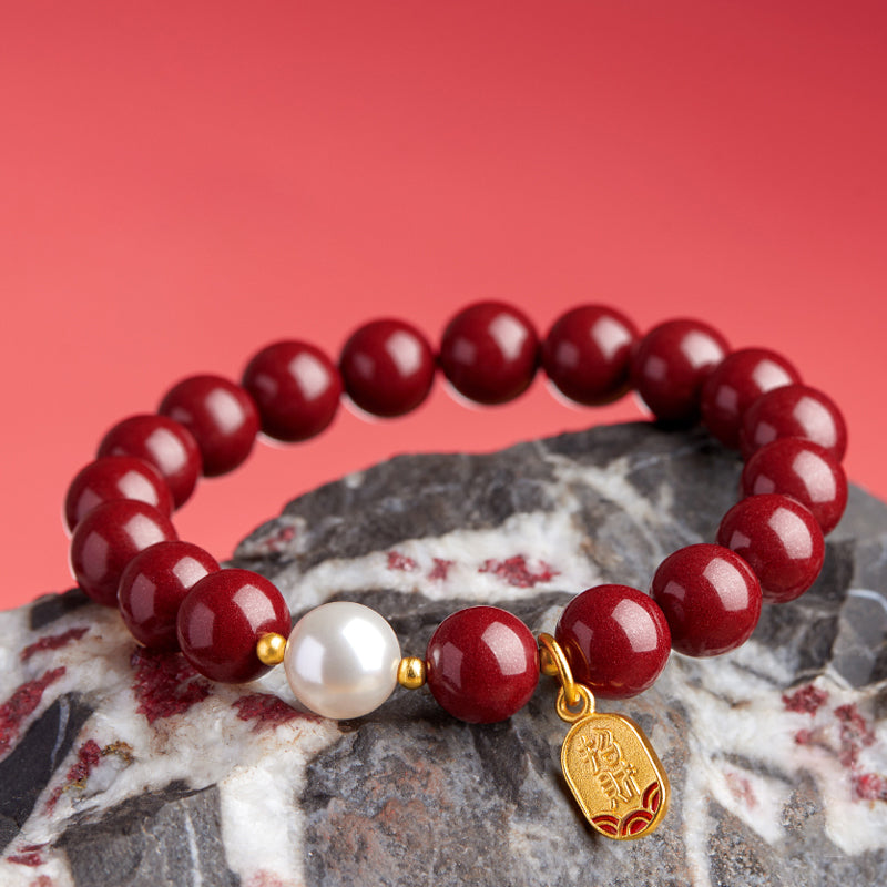 Cinnabar Bracelet with Pearl, Gold Fortune Beads & Blessing Charm - Good Luck and Prosperity Jewelry