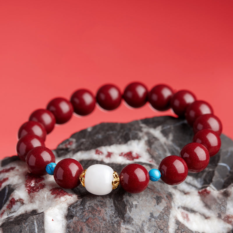 Cinnabar Bracelet with White Jade, Gold Flower Accents & Turquoise - Good Luck and Peace Jewelry