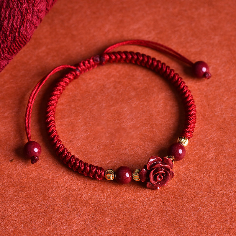 Cinnabar Rose Red String Bracelet with 18K Gold Accents – Love, Prosperity, and Protection