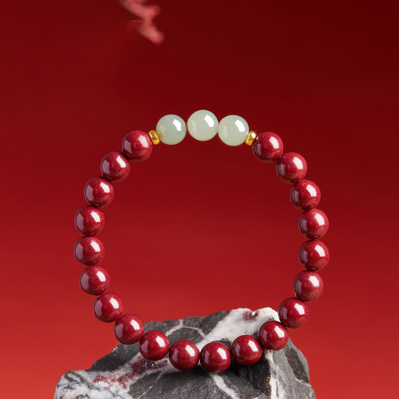 Cinnabar Bracelet with Jade Beads & Gold Fortune Charms - Good Luck, Protection, and Prosperity