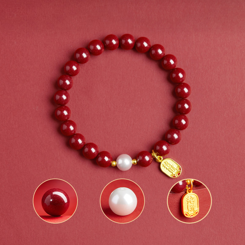 Cinnabar Bracelet with Pearl, Gold Fortune Beads & Blessing Charm - Good Luck and Prosperity Jewelry