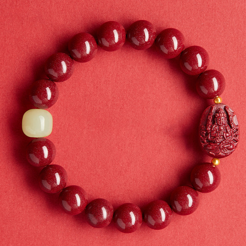 Authentic Handmade Cinnabar Bracelet with Buddha Charm & Jade - Protection, Fortune & Harmony Jewelry