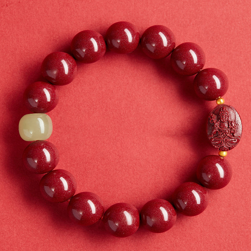 Authentic Handmade Cinnabar Bracelet with Buddha Charm & Jade - Protection, Fortune & Harmony Jewelry