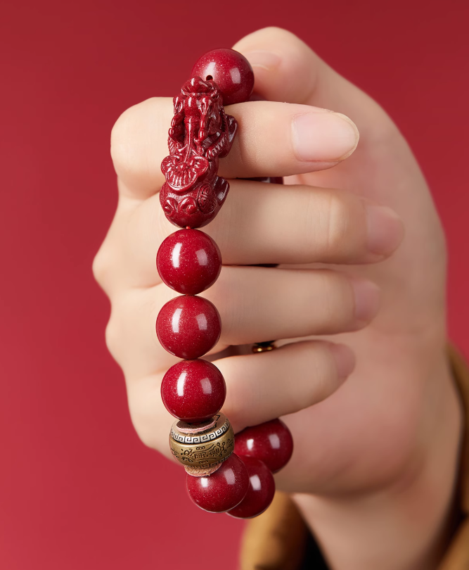 Handmade Cinnabar Bracelet with Pi Xiu Charm and Guardian Beads - Wealth, Protection, and Good Fortune Jewelry