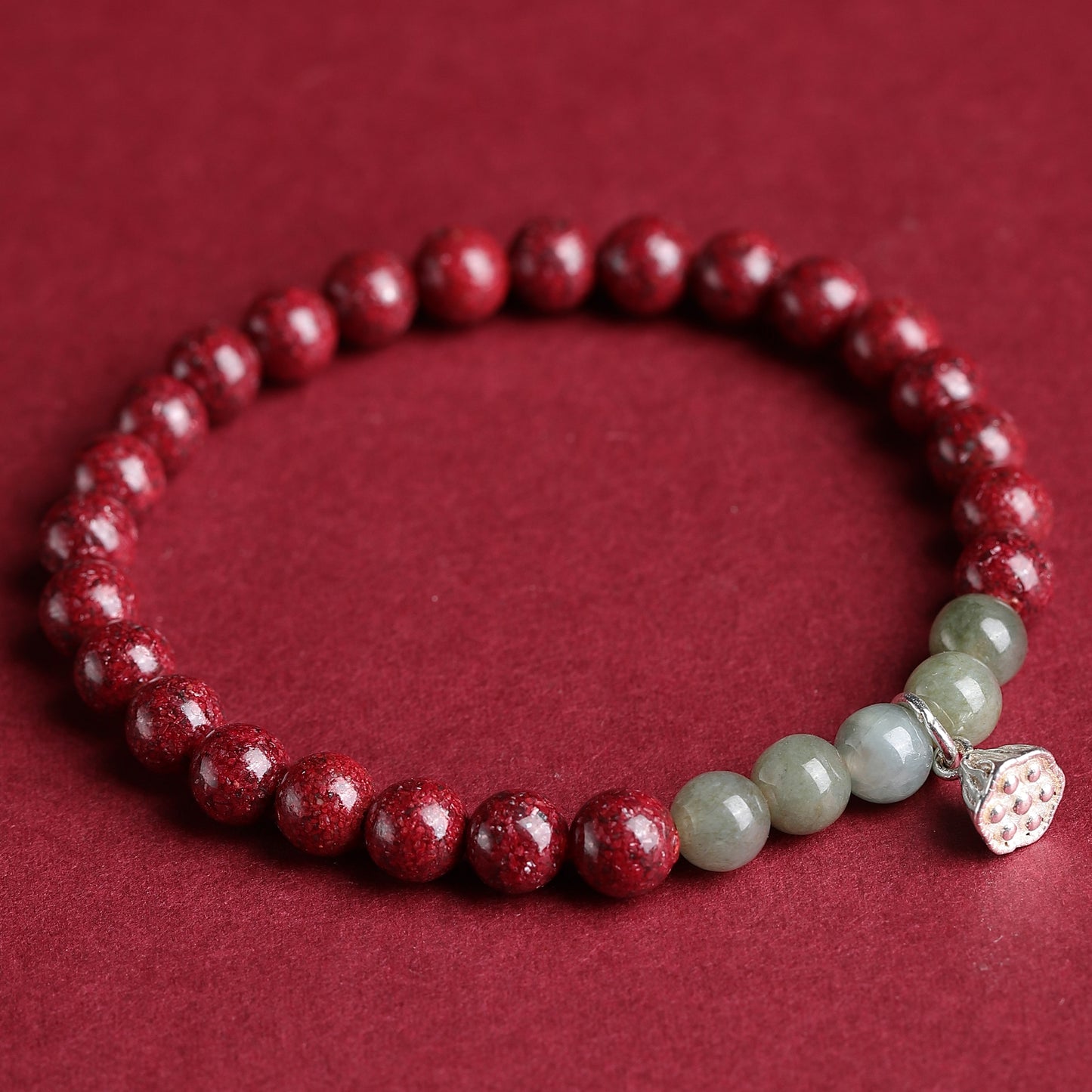 Cinnabar Crystal Bracelet with Silver Lotus & Green Jade – Prosperity & Positive Energy