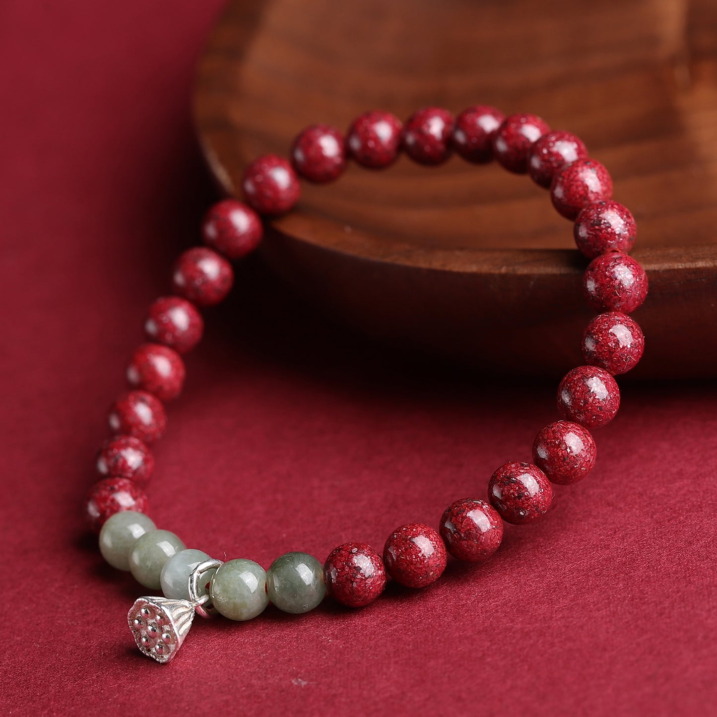 Cinnabar Crystal Bracelet with Silver Lotus & Green Jade – Prosperity & Positive Energy