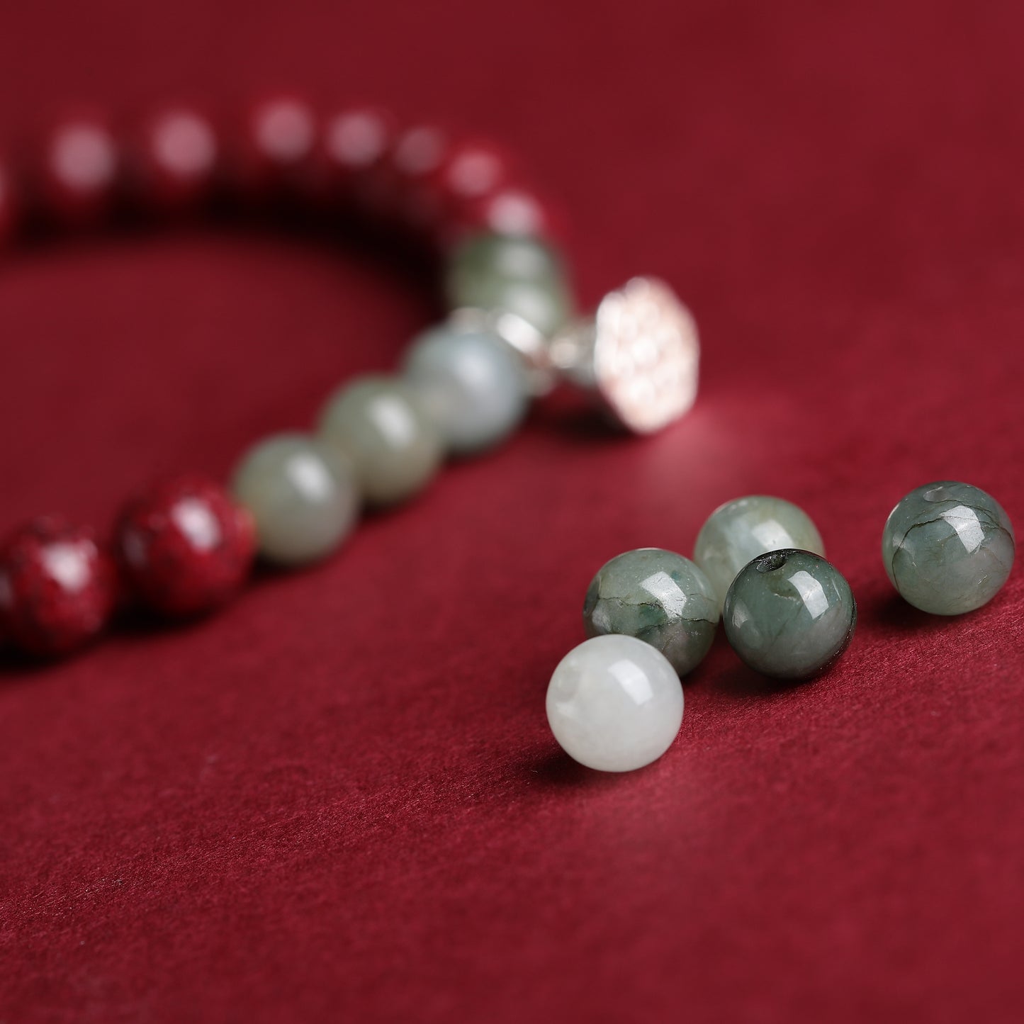 Cinnabar Crystal Bracelet with Silver Lotus & Green Jade – Prosperity & Positive Energy