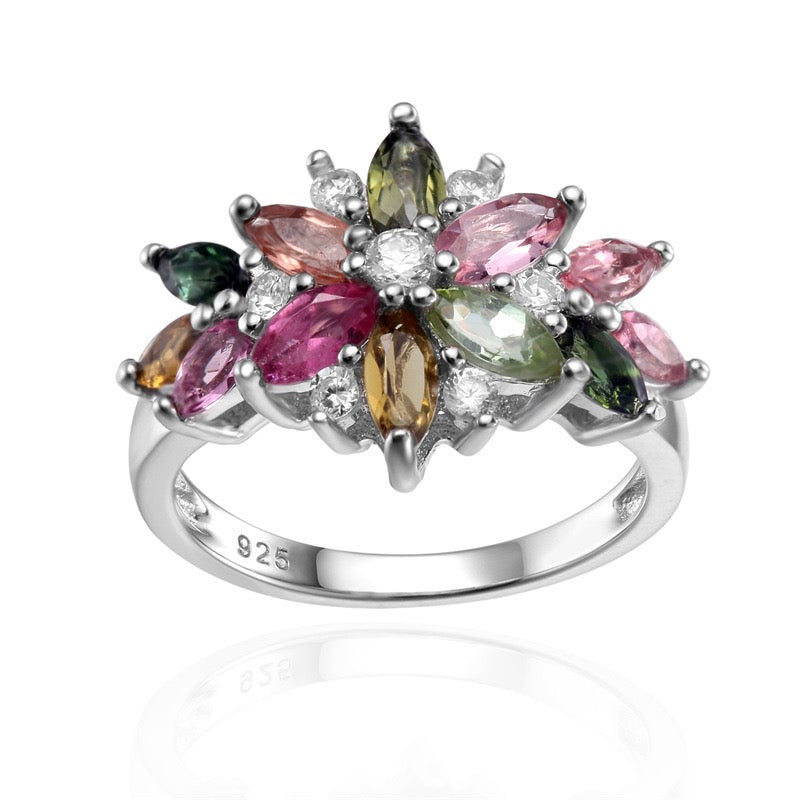 Elegant 925 Sterling Silver Natural Gemstone Cluster Ring – Tourmaline, Opal, and Garnet Masterpieces