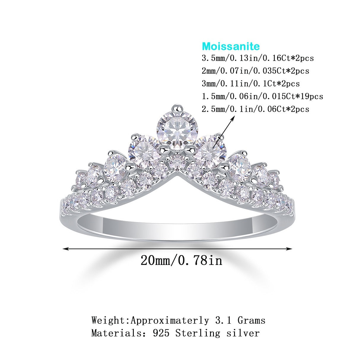 Graceful Elegance: Crown-Style 925 Sterling Silver Moissanite Ring