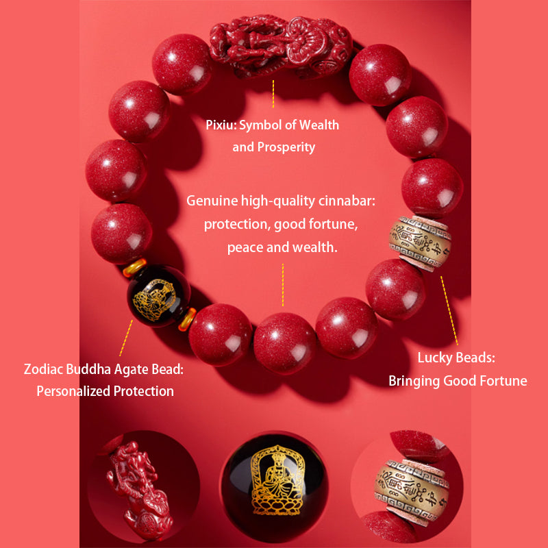 Handmade Cinnabar Bracelet with Pi Xiu Charm and Guardian Beads - Wealth, Protection, and Good Fortune Jewelry