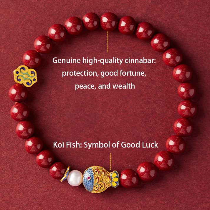 Cinnabar Bracelet with Lucky Koi Charm and Pearl Accents – Good Fortune, Health, and Prosperity