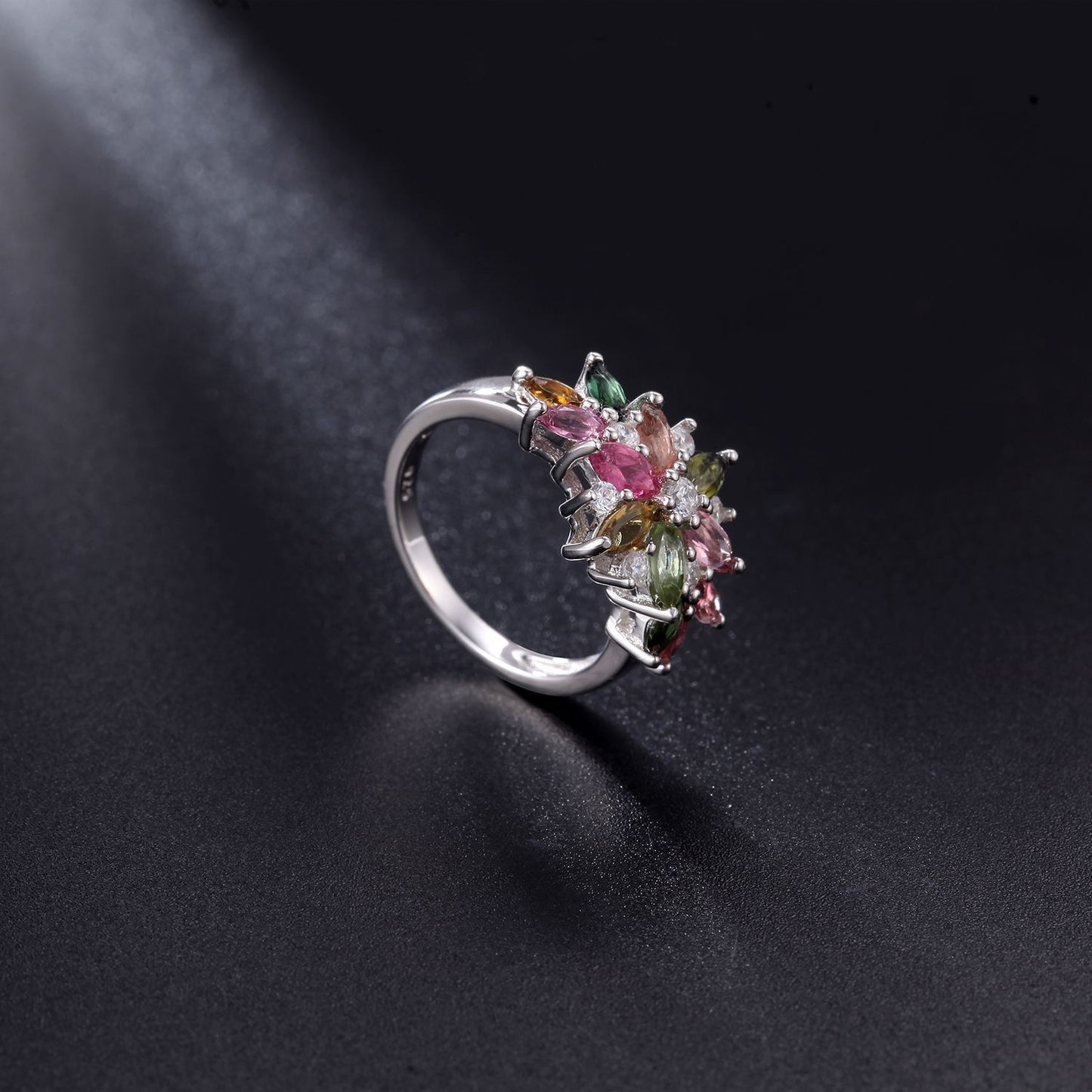 Elegant 925 Sterling Silver Natural Gemstone Cluster Ring – Tourmaline, Opal, and Garnet Masterpieces