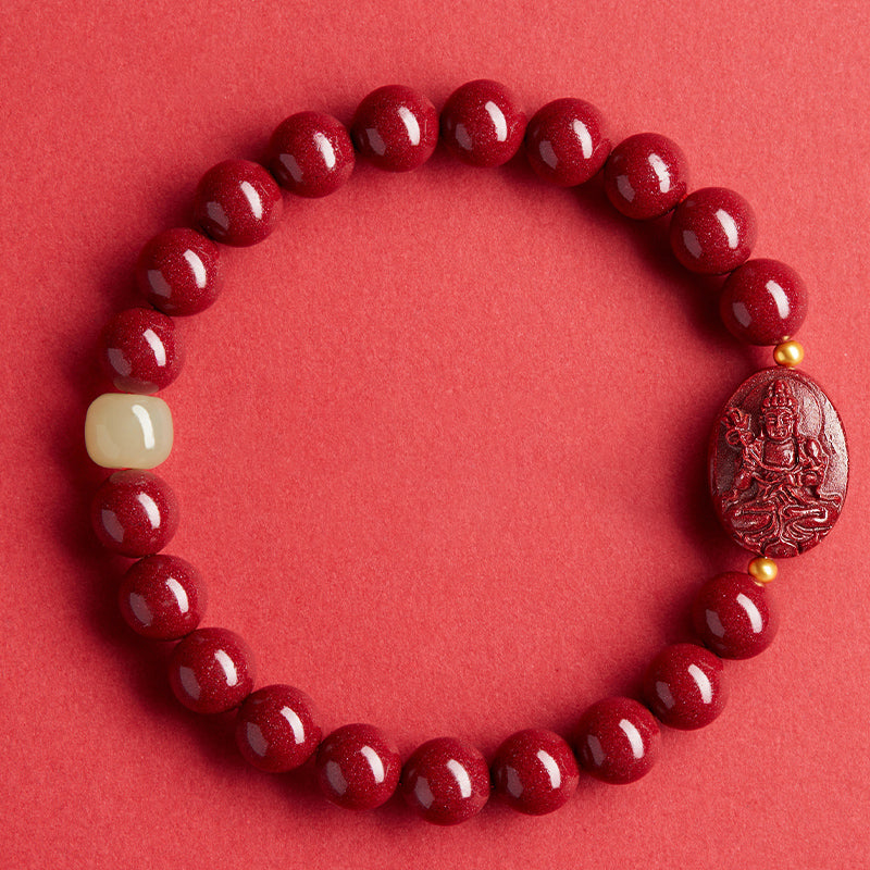 Authentic Handmade Cinnabar Bracelet with Buddha Charm & Jade - Protection, Fortune & Harmony Jewelry