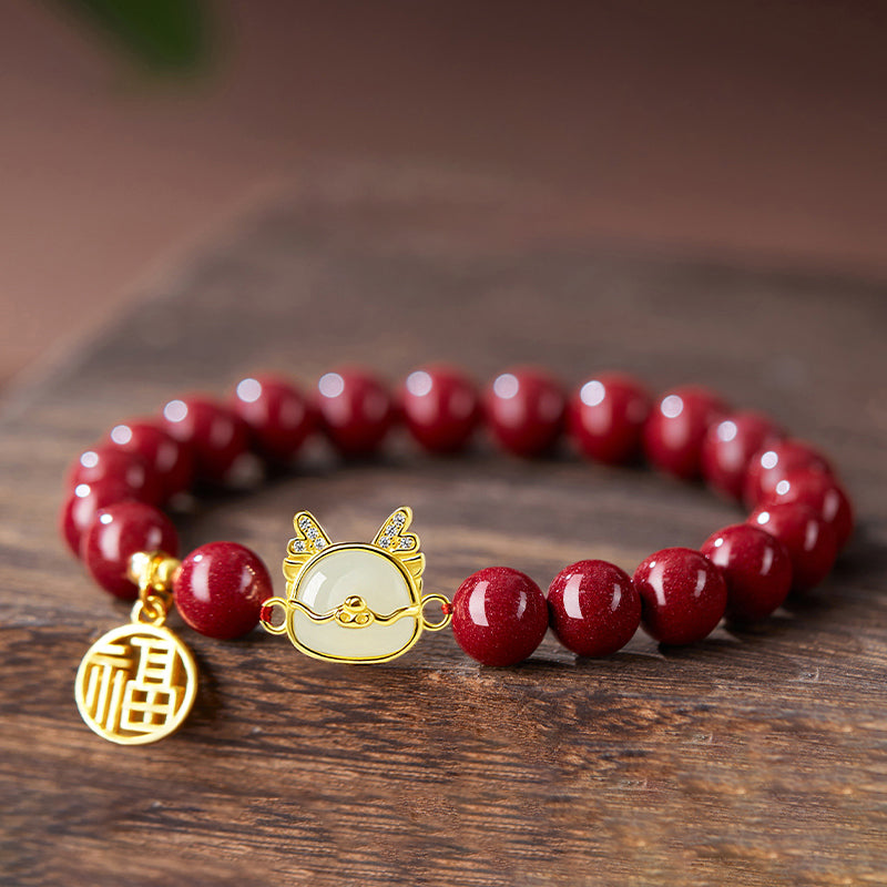 Cinnabar Bracelet with Dragon Jade, 14K Gold Fortune Charm, and Gold Accents – Strength, Luck, and Prosperity