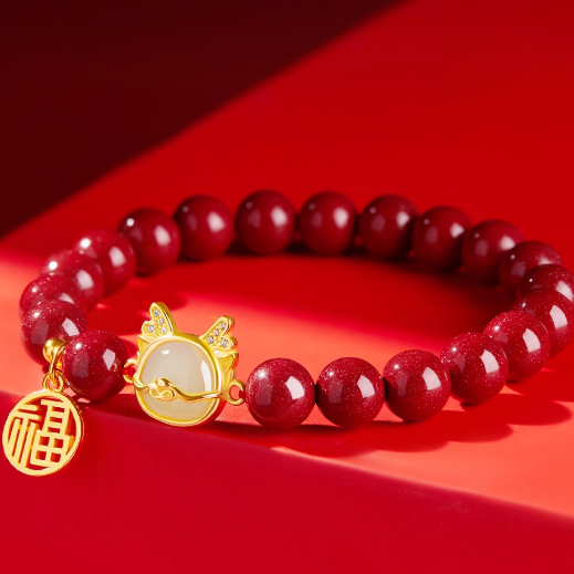 Cinnabar Bracelet with Dragon Jade, 14K Gold Fortune Charm, and Gold Accents – Strength, Luck, and Prosperity