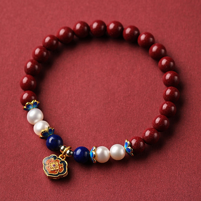 Cinnabar Bracelet with Enamel Longevity Lock, Freshwater Pearls, Lapis Lazuli, and 14K Gold – Health, Luck, and Prosperity