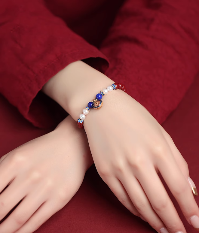 Cinnabar Bracelet with Enamel Longevity Lock, Freshwater Pearls, Lapis Lazuli, and 14K Gold – Health, Luck, and Prosperity