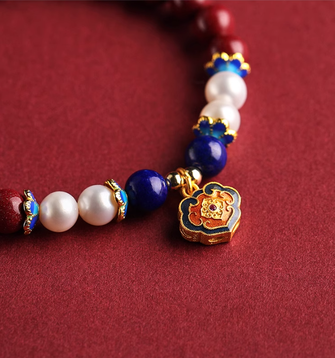 Cinnabar Bracelet with Enamel Longevity Lock, Freshwater Pearls, Lapis Lazuli, and 14K Gold – Health, Luck, and Prosperity