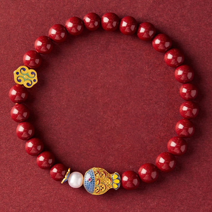 Cinnabar Bracelet with Lucky Koi Charm and Pearl Accents – Good Fortune, Health, and Prosperity