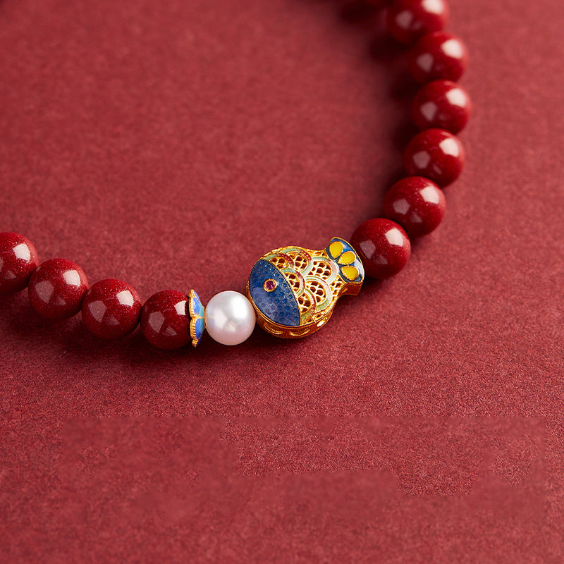 Cinnabar Bracelet with Lucky Koi Charm and Pearl Accents – Good Fortune, Health, and Prosperity