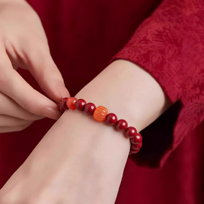 Cinnabar Bracelet with Pumpkin Jade and Lucky Beads – Good Fortune, Health, and Prosperity