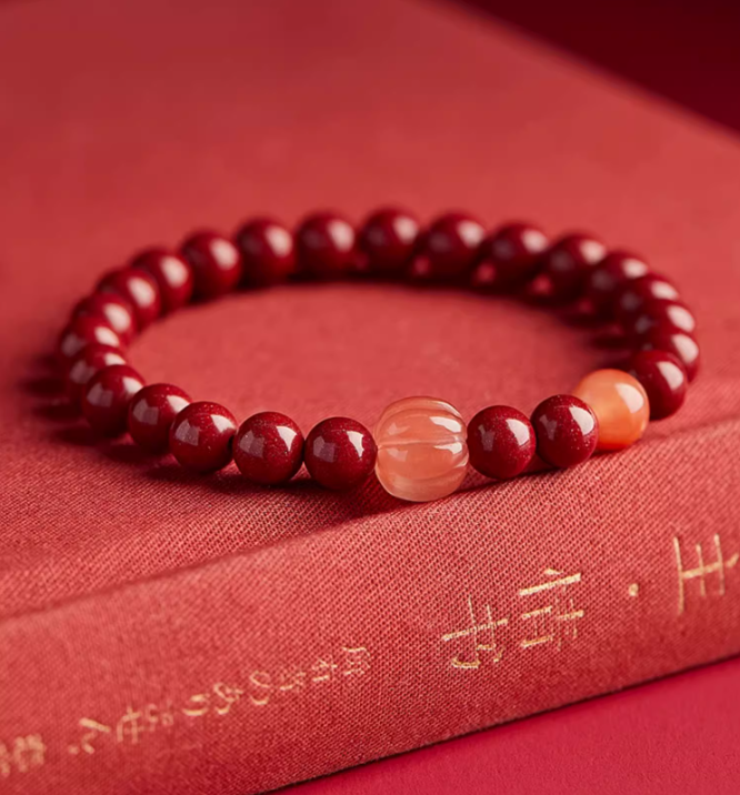 Cinnabar Bracelet with Pumpkin Jade and Lucky Beads – Good Fortune, Health, and Prosperity