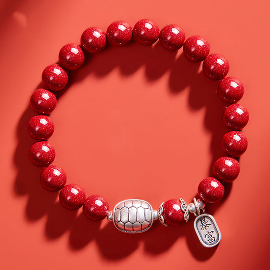 Cinnabar Bracelet with Silver Turtle Shell and Wealth Charm – Abundance, Prosperity, and Good Fortune