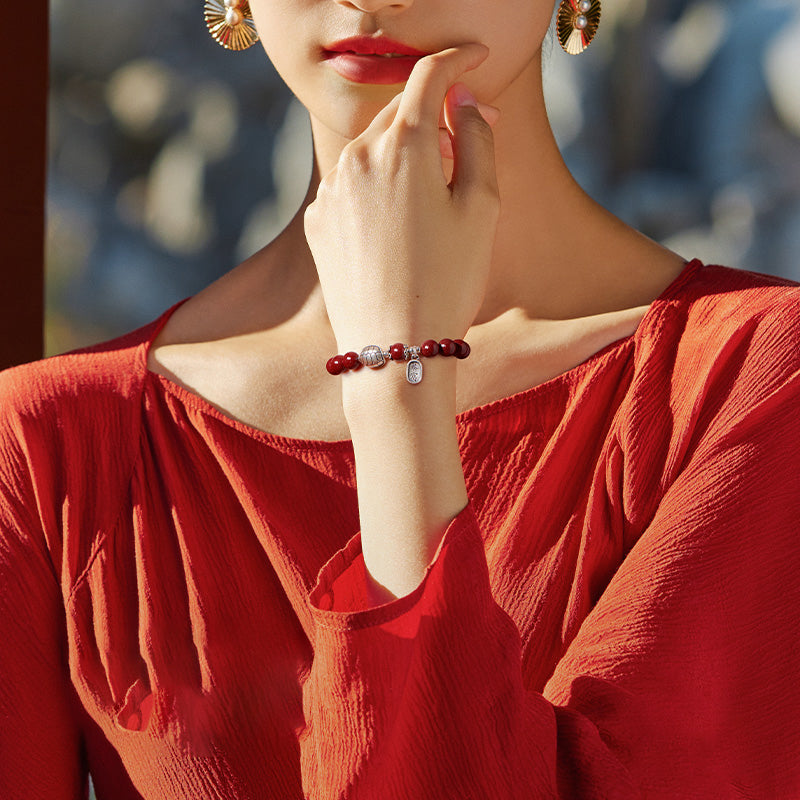 Cinnabar Bracelet with Silver Turtle Shell and Wealth Charm – Abundance, Prosperity, and Good Fortune