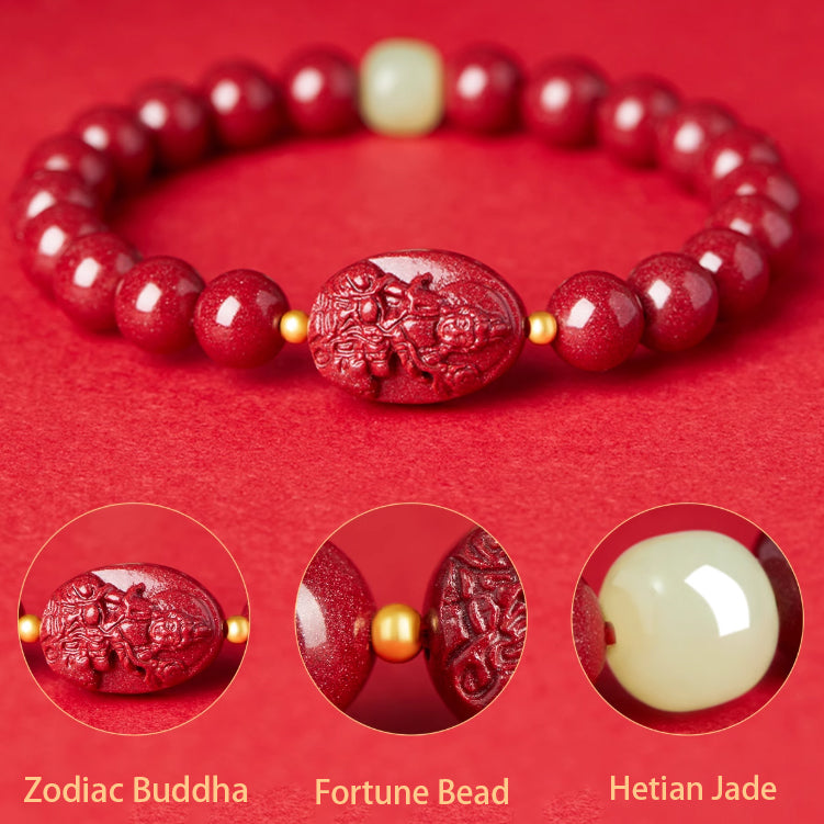 Authentic Handmade Cinnabar Bracelet with Buddha Charm & Jade - Protection, Fortune & Harmony Jewelry