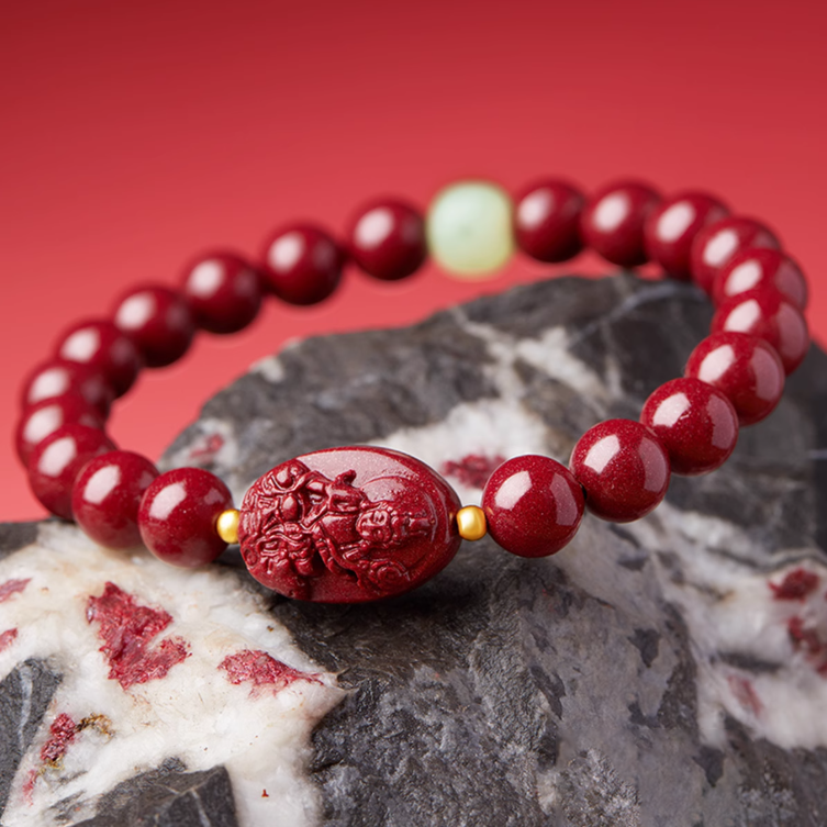 Authentic Handmade Cinnabar Bracelet with Buddha Charm & Jade - Protection, Fortune & Harmony Jewelry