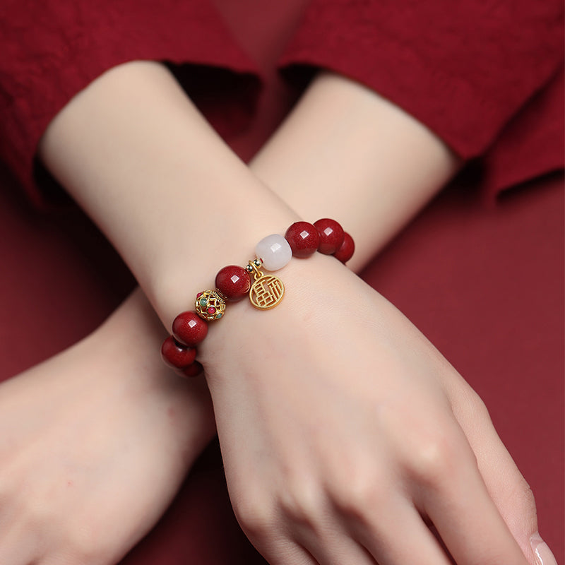 Cinnabar Bracelet with White Jade, 14K Gold Fortune Charm, and Hollow Gold Beads – Luck, Health, and Prosperity