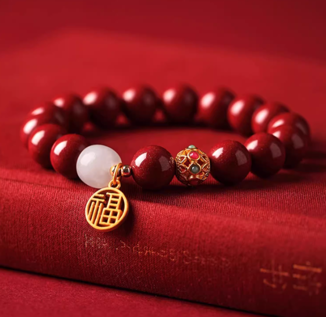 Cinnabar Bracelet with White Jade, 14K Gold Fortune Charm, and Hollow Gold Beads – Luck, Health, and Prosperity