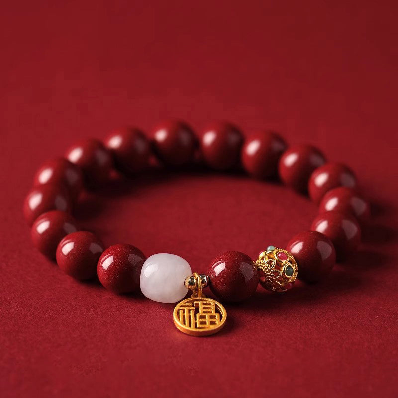 Cinnabar Bracelet with White Jade, 14K Gold Fortune Charm, and Hollow Gold Beads – Luck, Health, and Prosperity