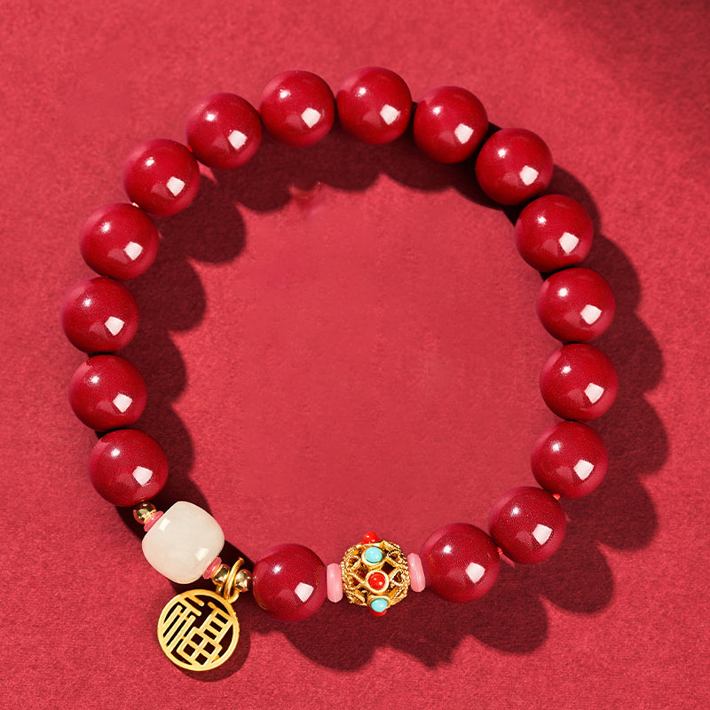 Cinnabar Bracelet with White Jade, 14K Gold Fortune Charm, and Hollow Gold Beads – Luck, Health, and Prosperity