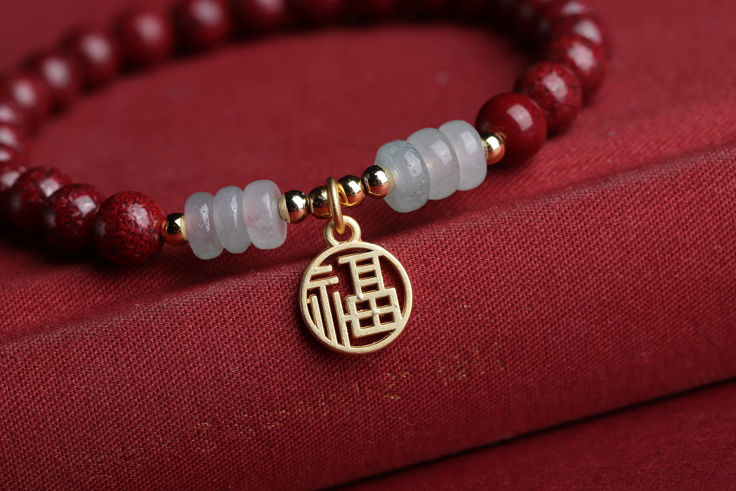 Cinnabar Crystal Bracelet with Jade Beads, 14K Gold Fortune Charm & Golden Lucky Beads – Good Fortune, Protection, and Positive Energy