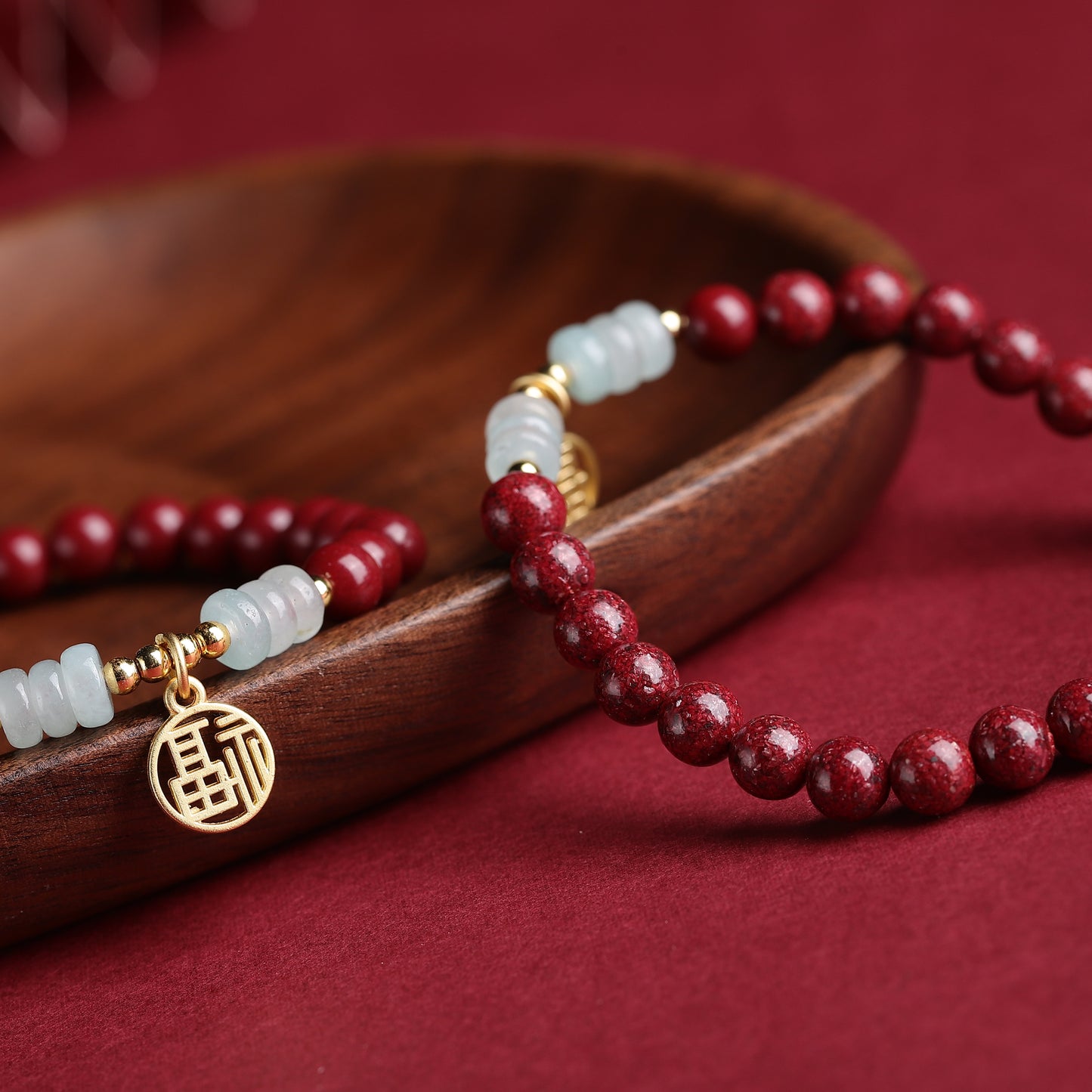 Cinnabar Crystal Bracelet with Jade Beads, 14K Gold Fortune Charm & Golden Lucky Beads – Good Fortune, Protection, and Positive Energy