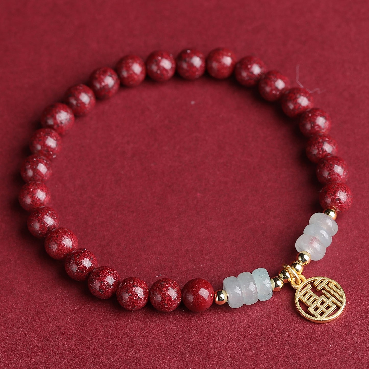 Cinnabar Crystal Bracelet with Jade Beads, 14K Gold Fortune Charm & Golden Lucky Beads – Good Fortune, Protection, and Positive Energy