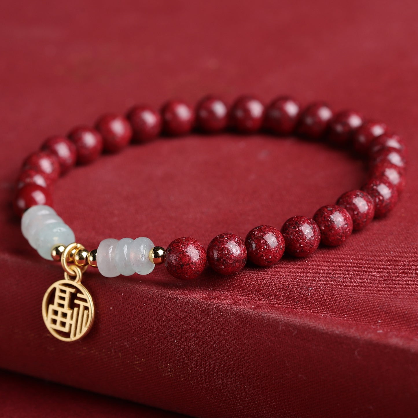 Cinnabar Crystal Bracelet with Jade Beads, 14K Gold Fortune Charm & Golden Lucky Beads – Good Fortune, Protection, and Positive Energy