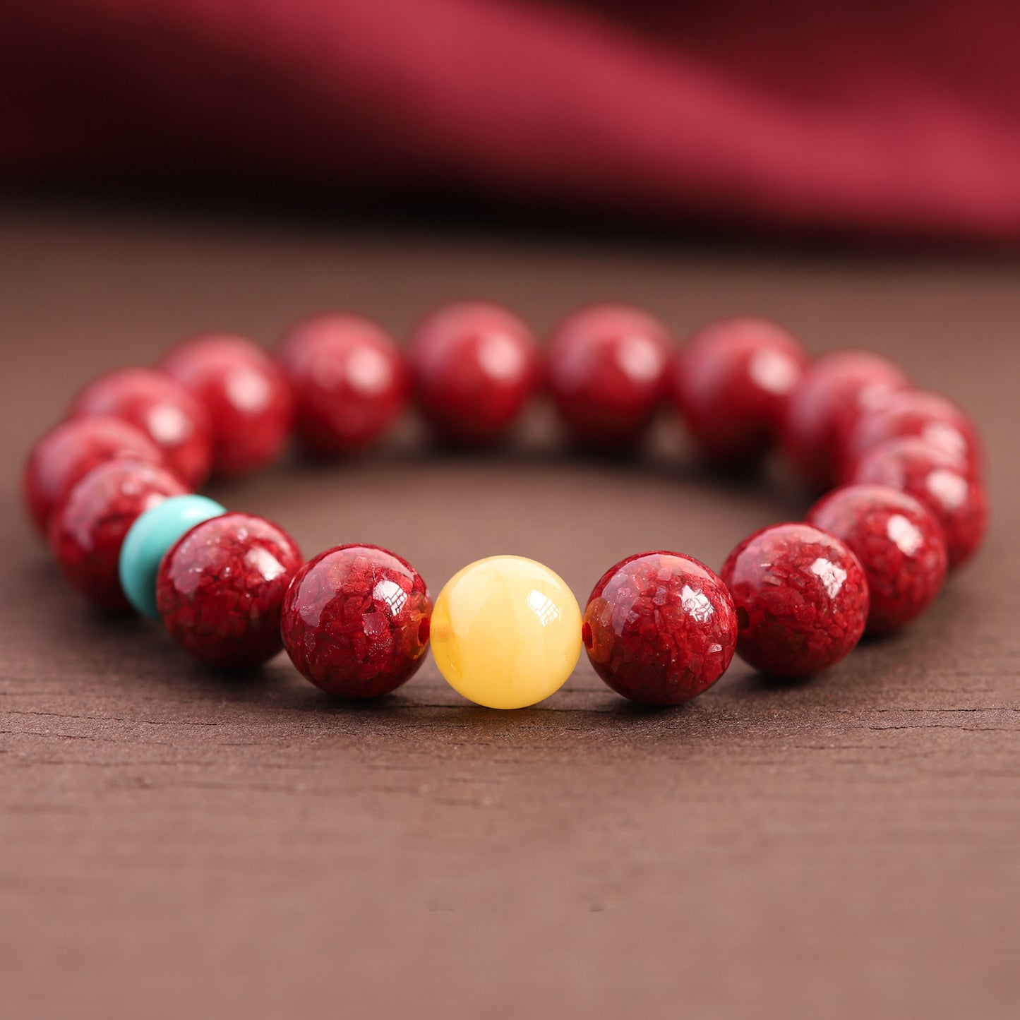 Cinnabar Crystal Bracelet with Natural Amber & Green Beads – Luck, Protection, and Positive Energy