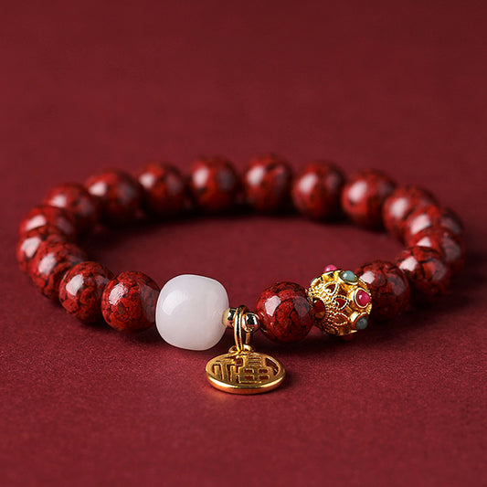 Cinnabar Crystal Bracelet with White Jade, 14K Gold Fortune Charm & Vintage Beads – Luck, Prosperity, and Energy