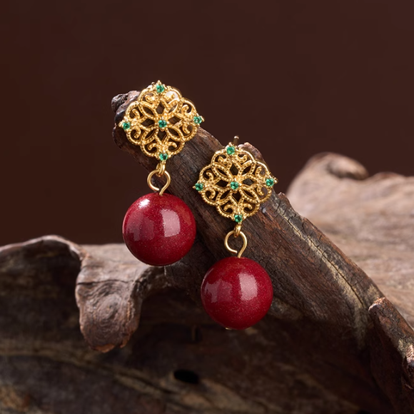 14K Gold Clover Cinnabar Earrings - Emerald Zircon Accents, Symbol of Peace & Elegance