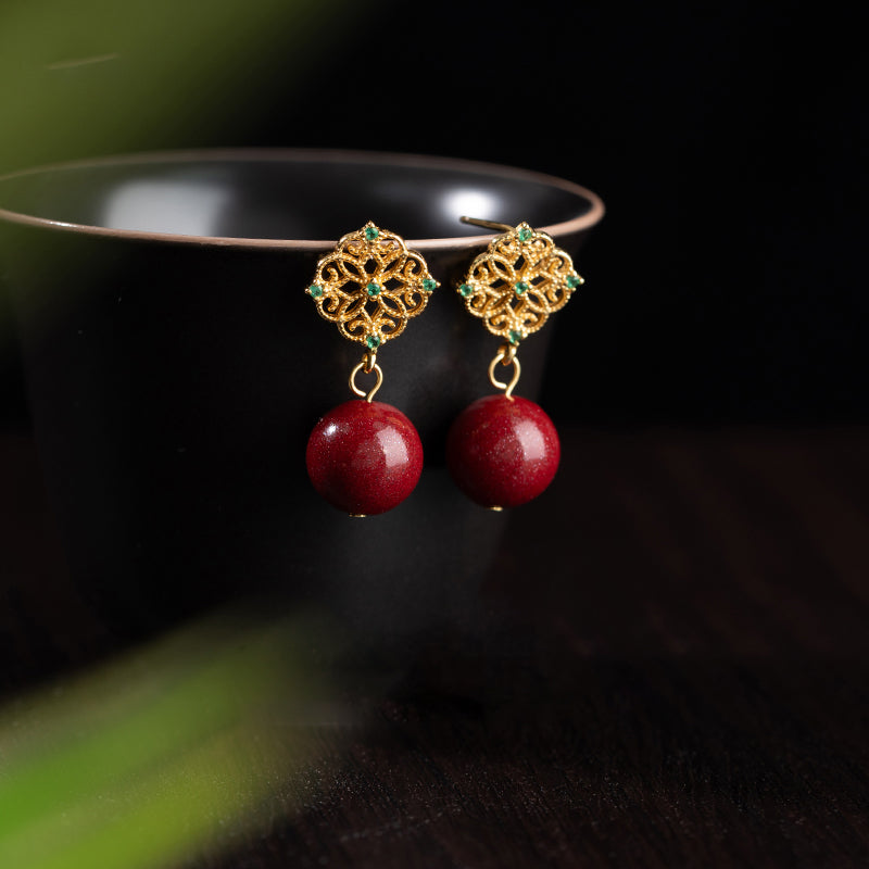 14K Gold Clover Cinnabar Earrings - Emerald Zircon Accents, Symbol of Peace & Elegance