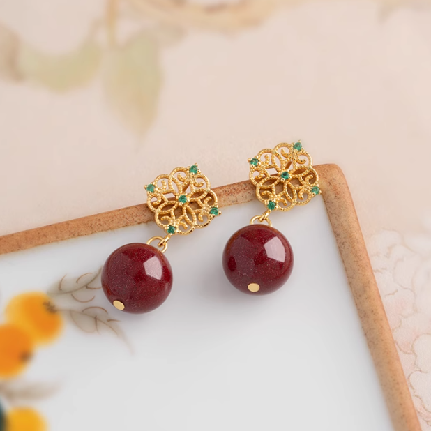 14K Gold Clover Cinnabar Earrings - Emerald Zircon Accents, Symbol of Peace & Elegance