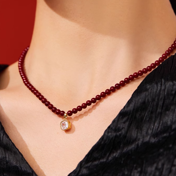 Cinnabar Necklace with Diamond Pendant - 18K Gold, Timeless Elegance & Serenity