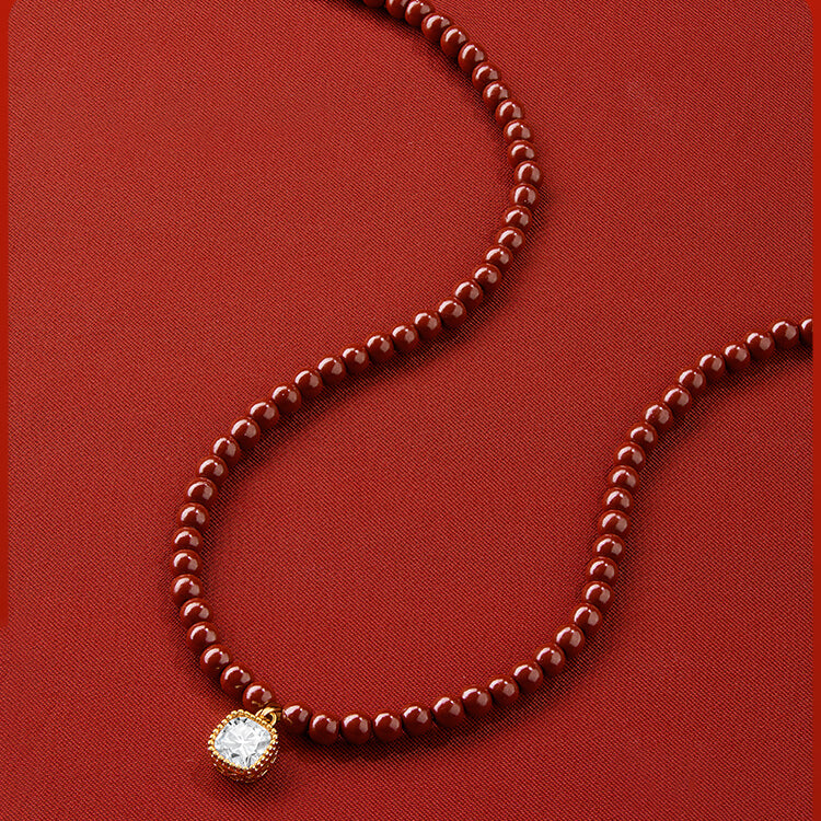 Cinnabar Necklace with Diamond Pendant - 18K Gold, Timeless Elegance & Serenity