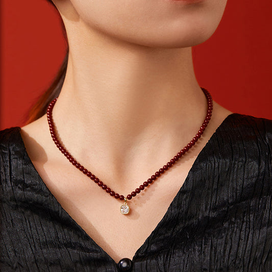 Cinnabar Necklace with Diamond Pendant - 18K Gold, Timeless Elegance & Serenity