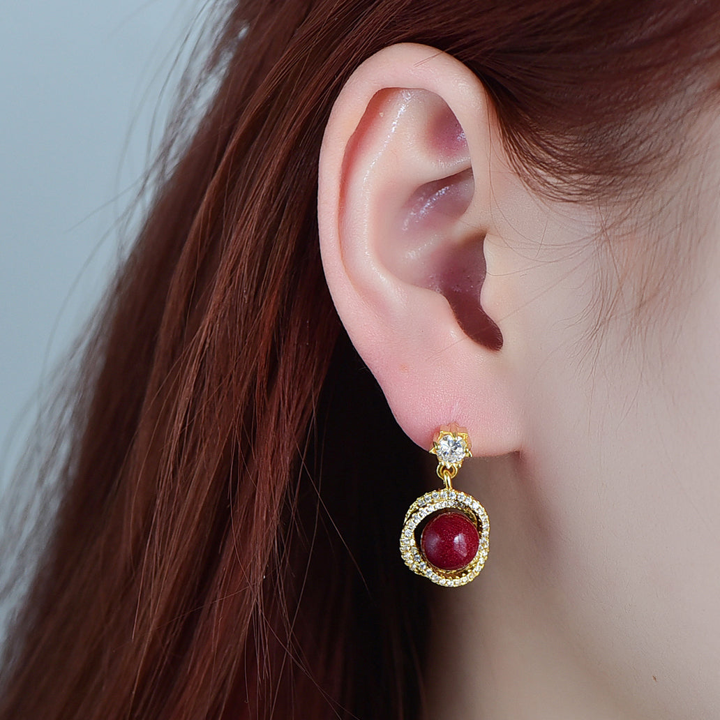 18K Gold Rotating Cinnabar Earrings - Zircon Snowflake Design, Symbol of Fortune & Radiance