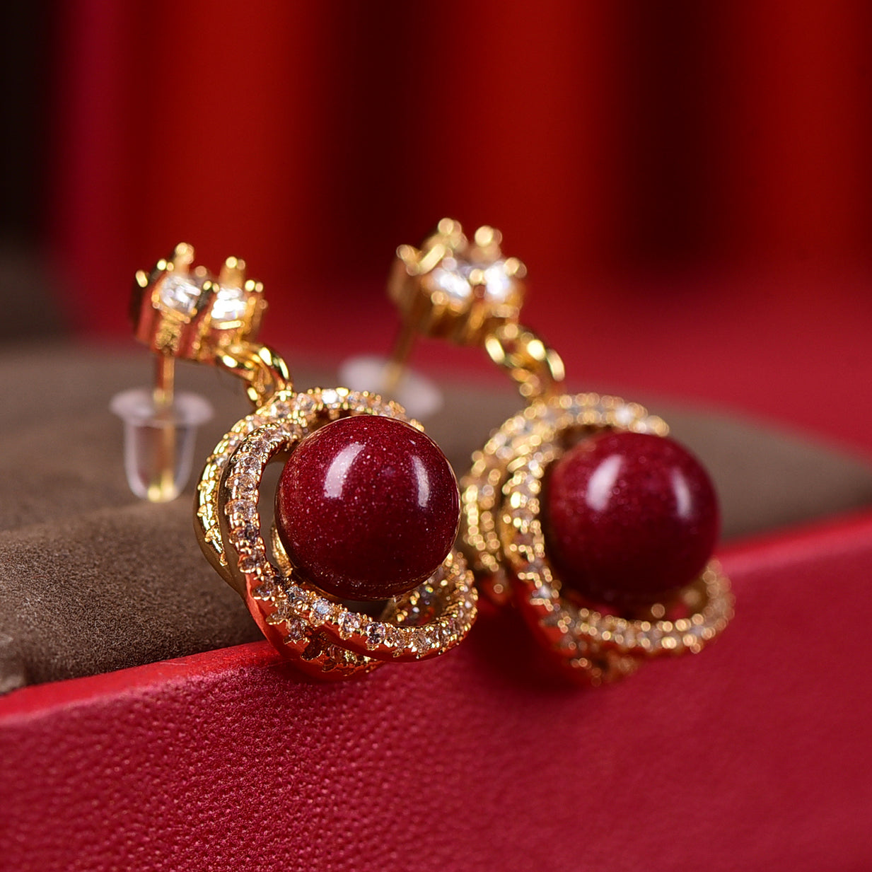 18K Gold Rotating Cinnabar Earrings - Zircon Snowflake Design, Symbol of Fortune & Radiance